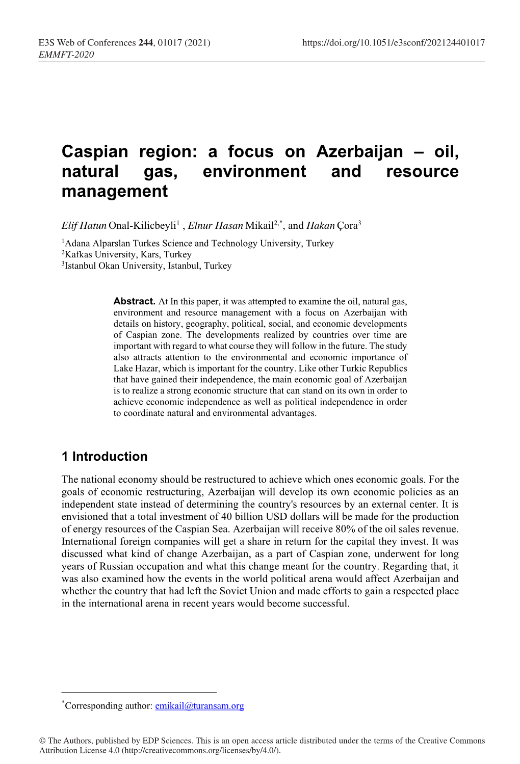 Caspian Region: a Focus on Azerbaijan – Oil, Natural Gas, Environment and Resource Management