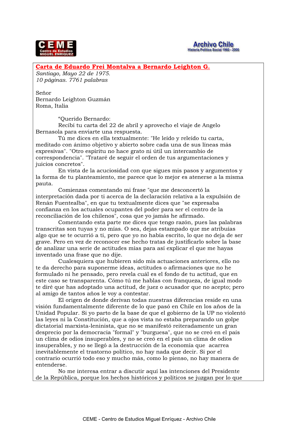 Carta De Eduardo Frei Montalva a Bernardo Leighton G. Santiago, Mayo 22 De 1975