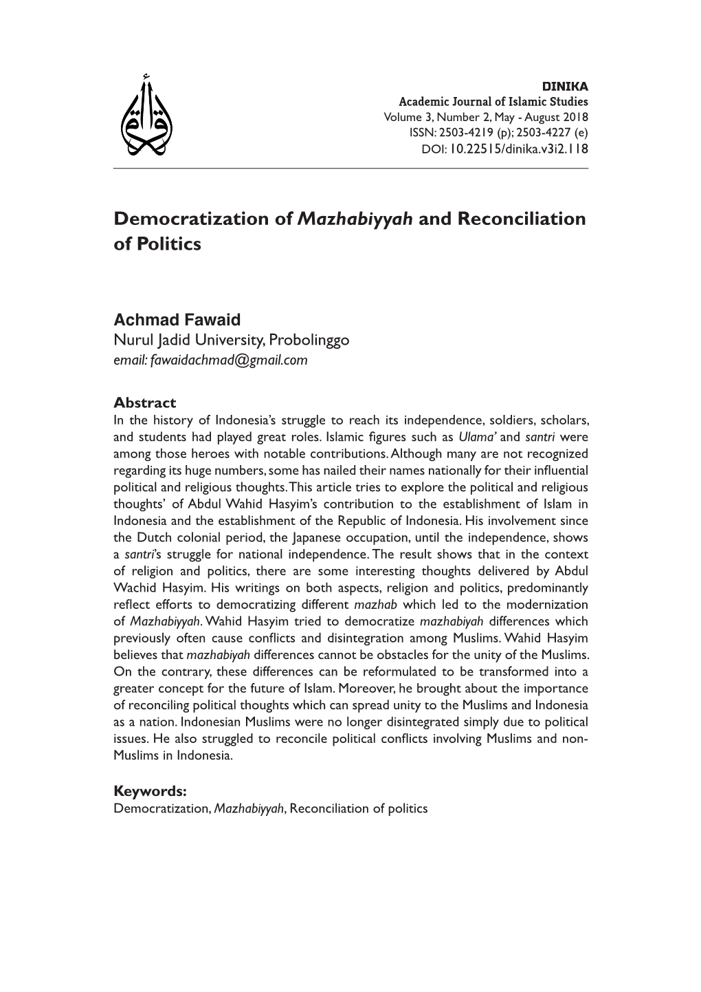 Democratization of Mazhabiyyah and Reconciliation of Politics