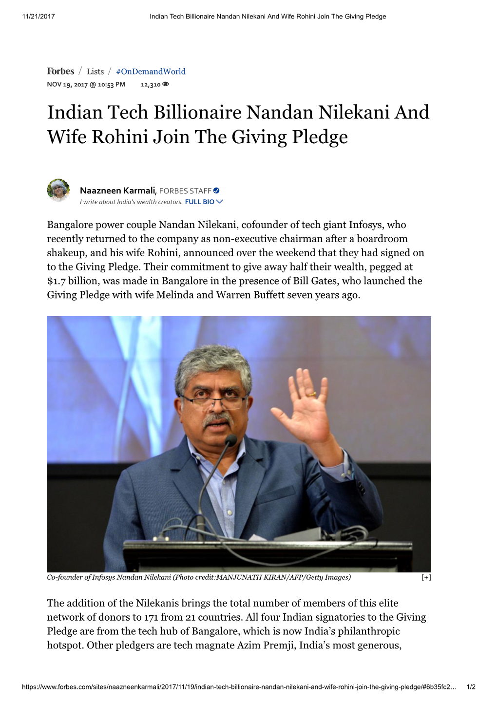 Indian Tech Billionaire Nandan Nilekani and Wife Rohini Join the Giving Pledge
