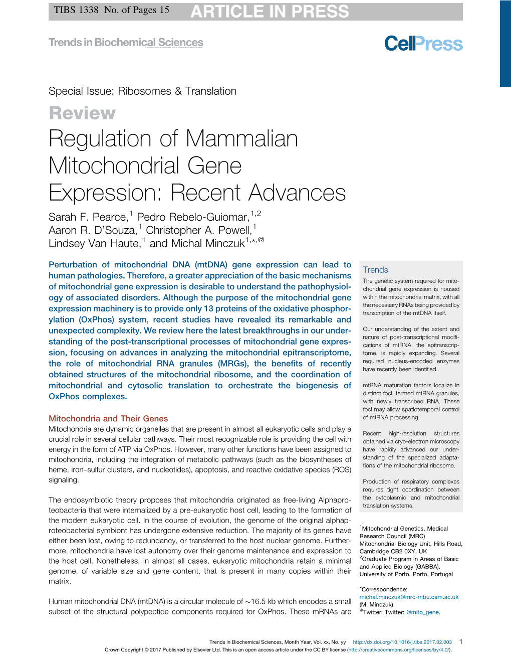 Regulation of Mammalian Mitochondrial Gene Expression: Recent Advances Sarah F
