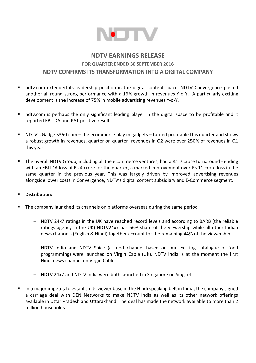 NDTV Financial Press Release