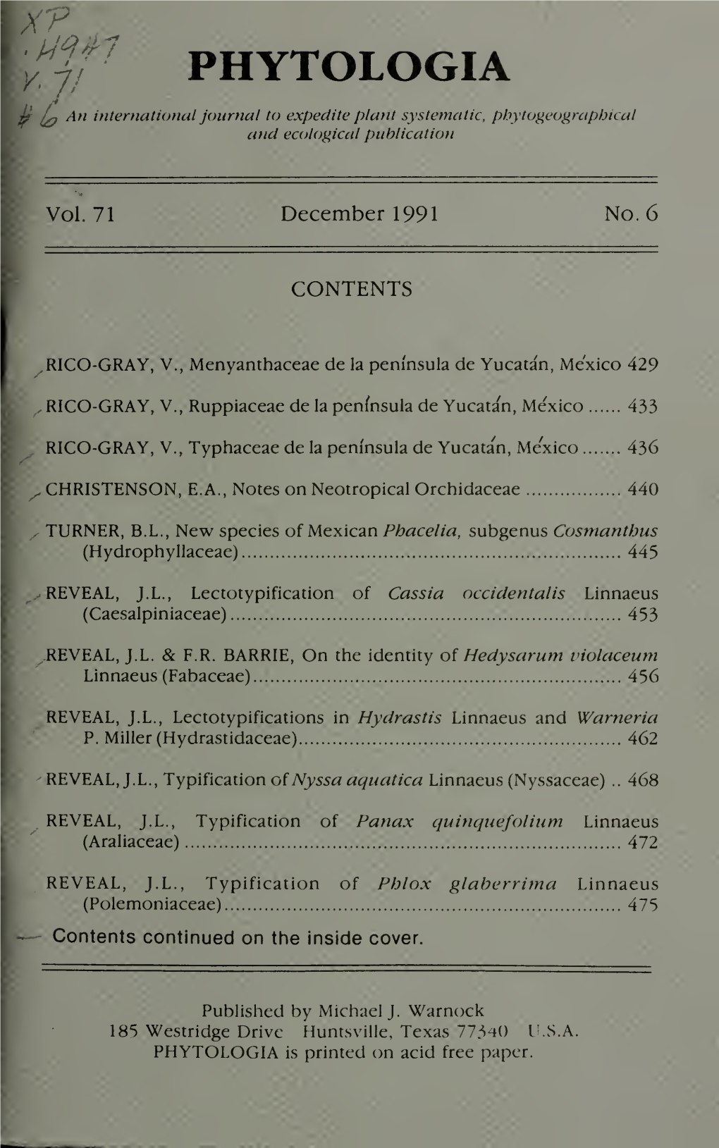 PHYTOLOGIA H an International Journal to Expedite Plant Systematic, Pfoytogeograpbical and Ecological Publication