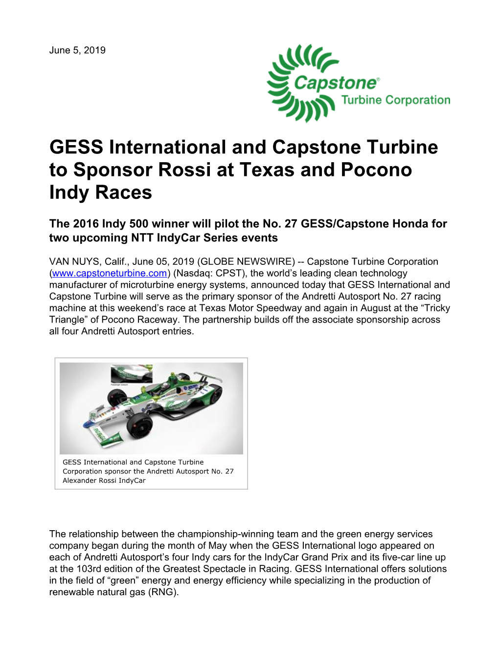 GESS International and Capstone Turbine to Sponsor Rossi at Texas and Pocono Indy Races