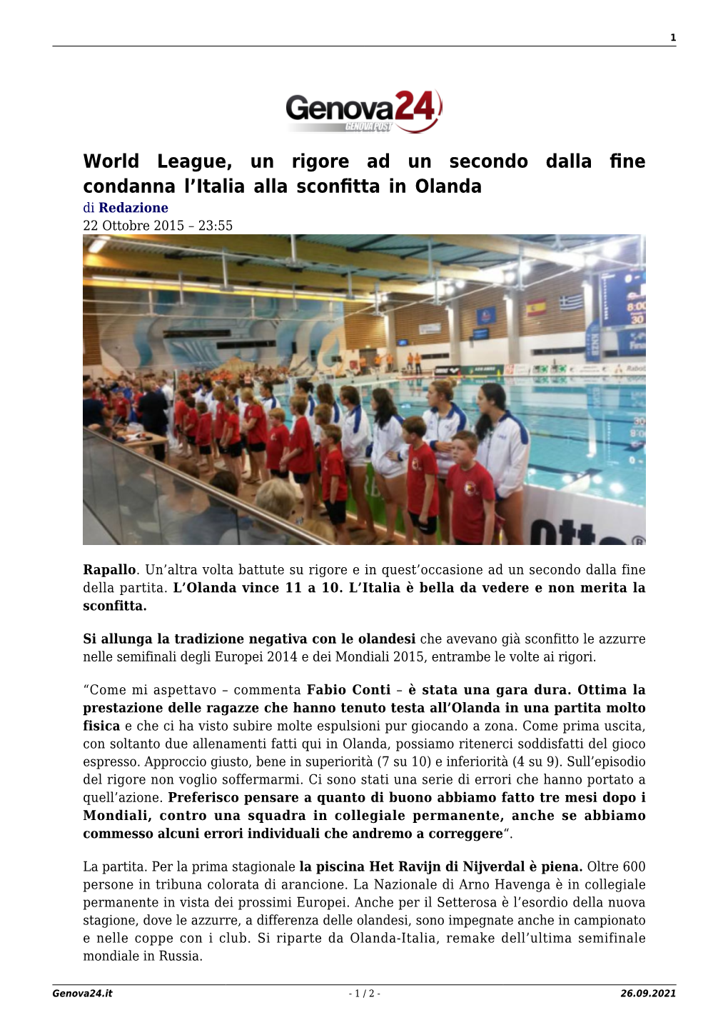 World League, Un Rigore Ad Un Secondo Dalla Fine Condanna L'italia