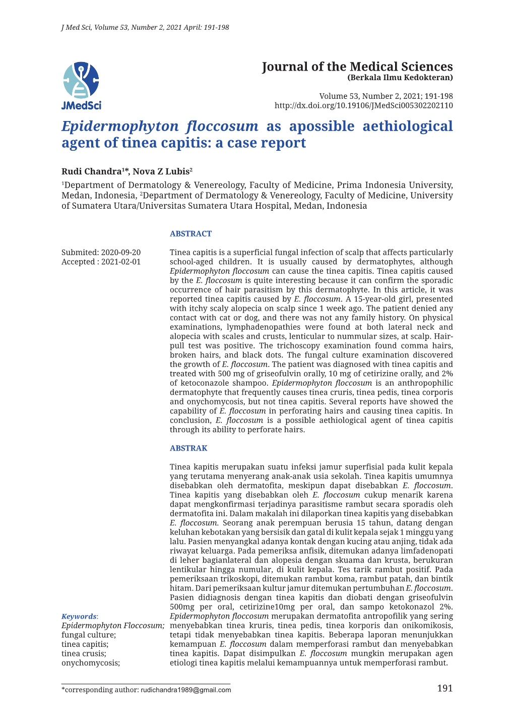 Epidermophyton Floccosum As Apossible Aethiological Agent of Tinea Capitis: a Case Report