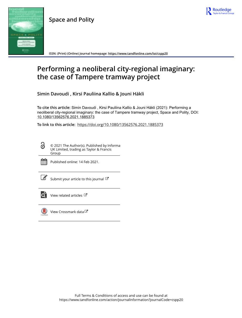 Performing a Neoliberal City-Regional Imaginary: the Case of Tampere Tramway Project