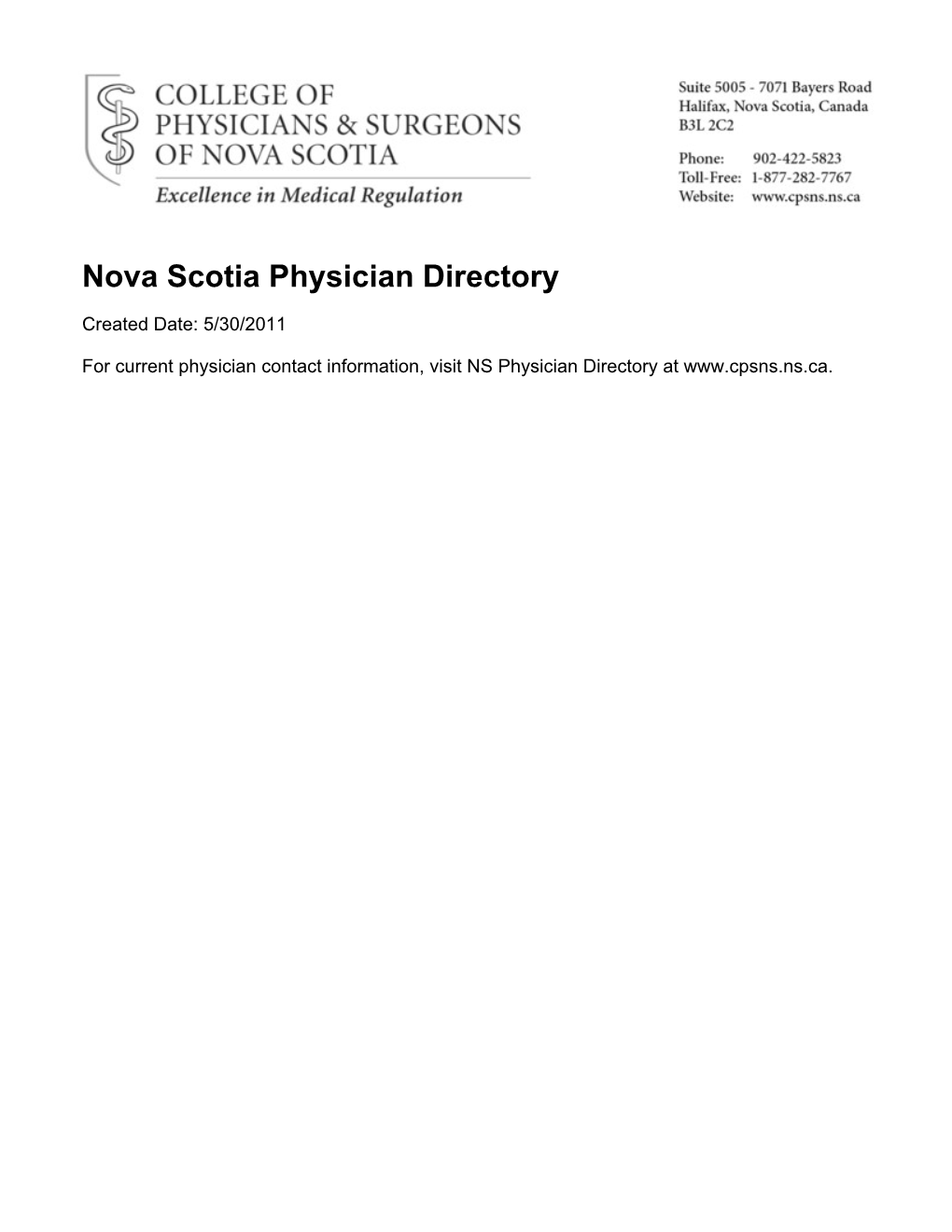 Nova Scotia Physician Directory