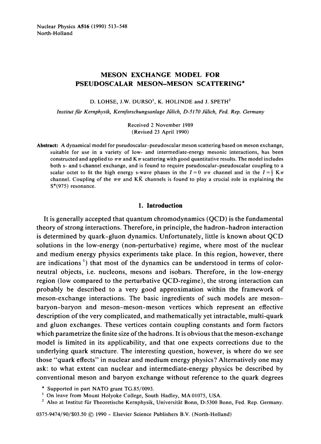 MESON EXCHANGE MODEL for PSEUDOSCALAR MESON-MESON Scaltering*