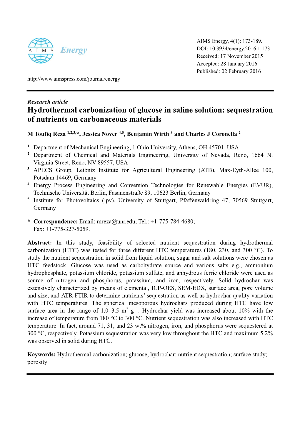 Hydrothermal Carbonization of Glucose in Saline Solution: Sequestration of Nutrients on Carbonaceous Materials