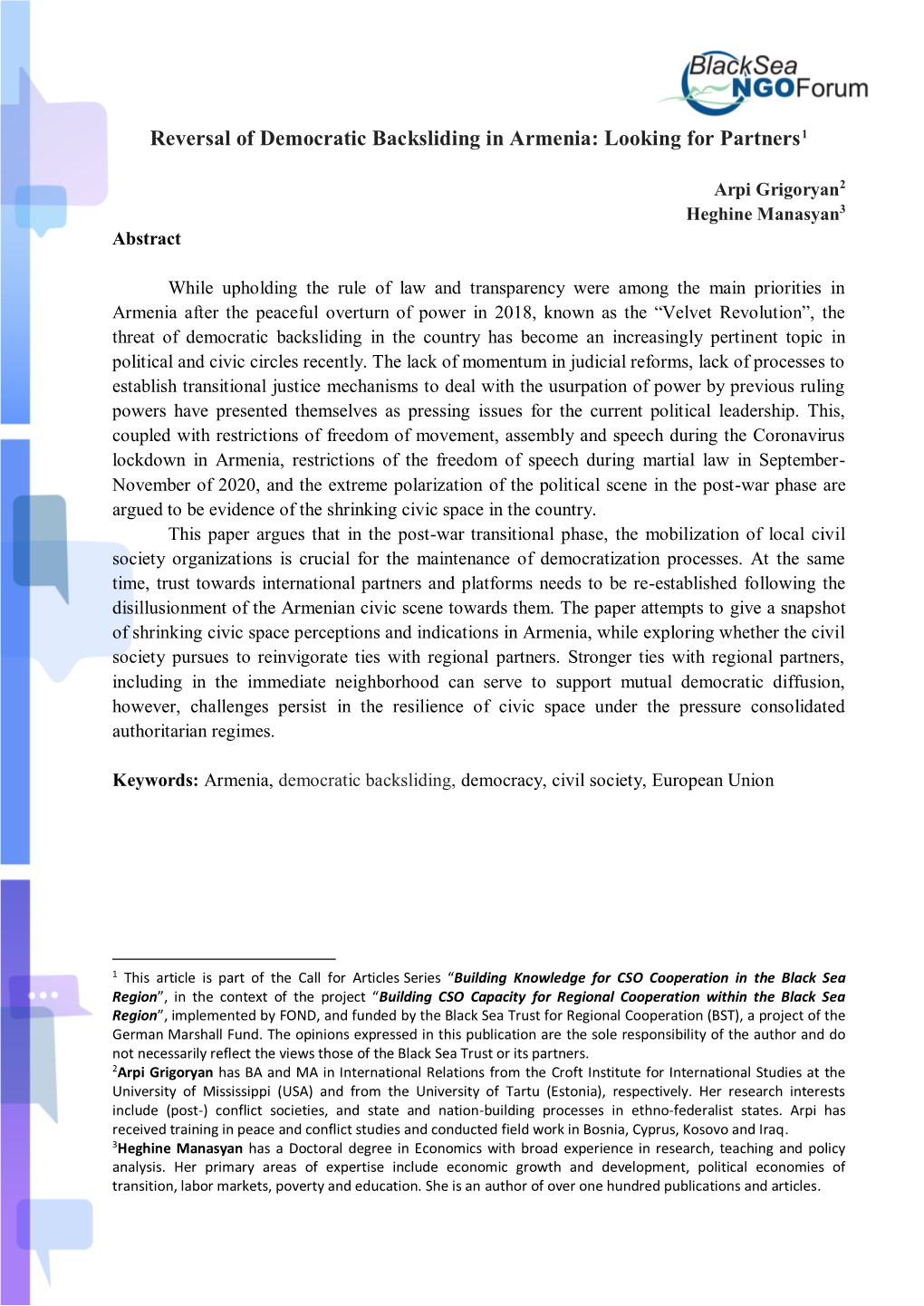 Reversal of Democratic Backsliding in Armenia: Looking for Partners1