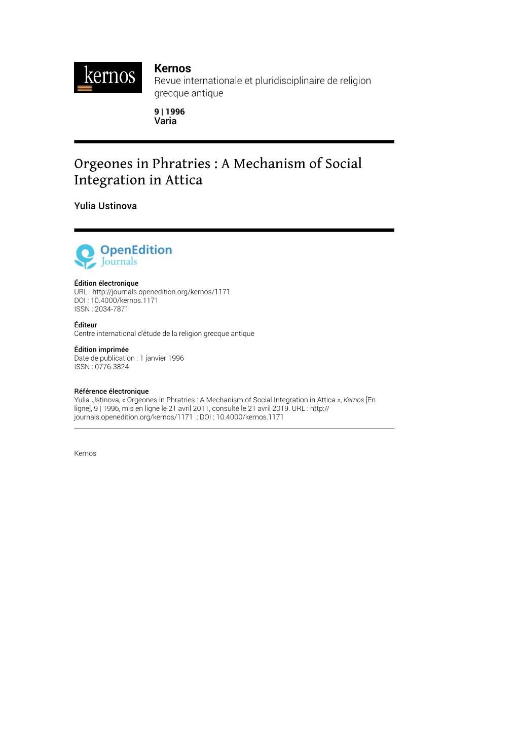 Orgeones in Phratries : a Mechanism of Social Integration in Attica