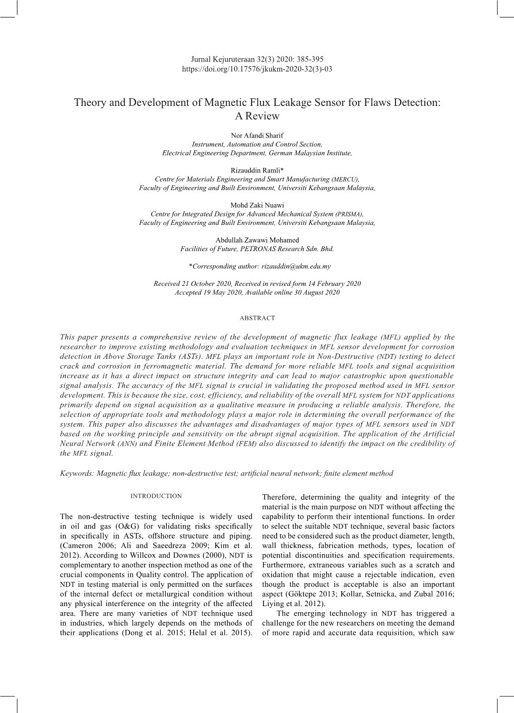 Theory and Development of Magnetic Flux Leakage Sensor for Flaws Detection: a Review