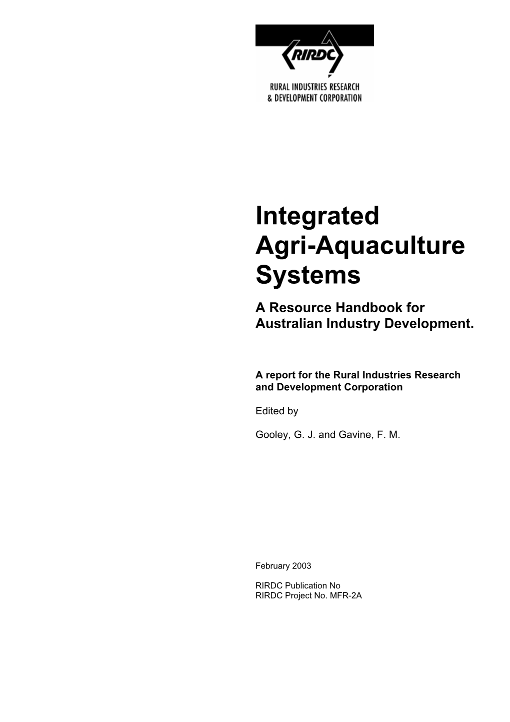 Integrated Agri-Aquaculture Systems a Resource Handbook for Australian Industry Development