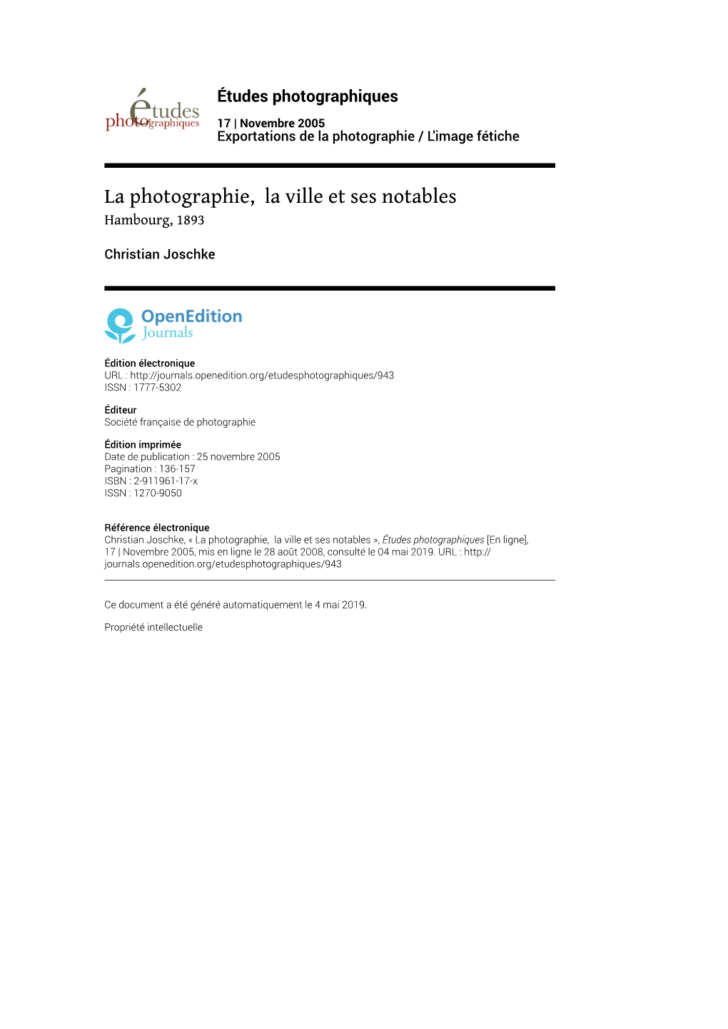 Études Photographiques, 17 | Novembre 2005 La Photographie, La Ville Et Ses Notables 2