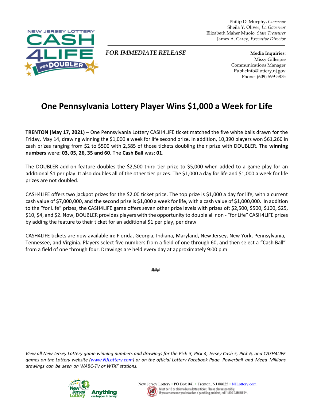 One Pennsylvania Lottery Player Wins $1,000 a Week for Life