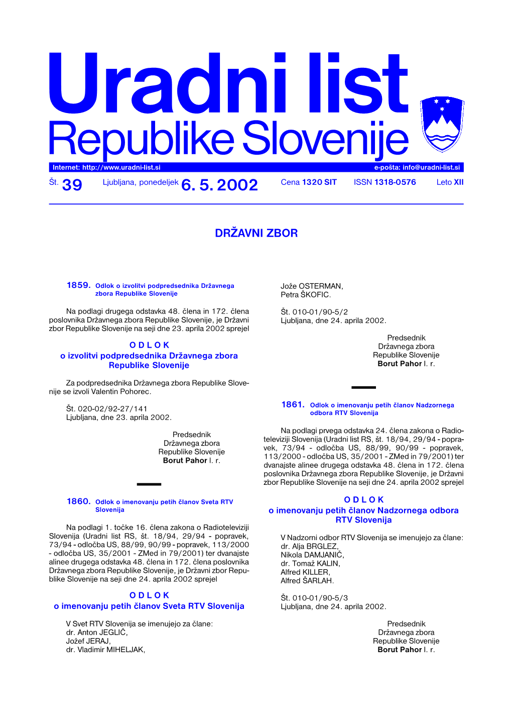 Republike Slovenije Internet: E-Pošta: Info@Uradni-List.Si Št