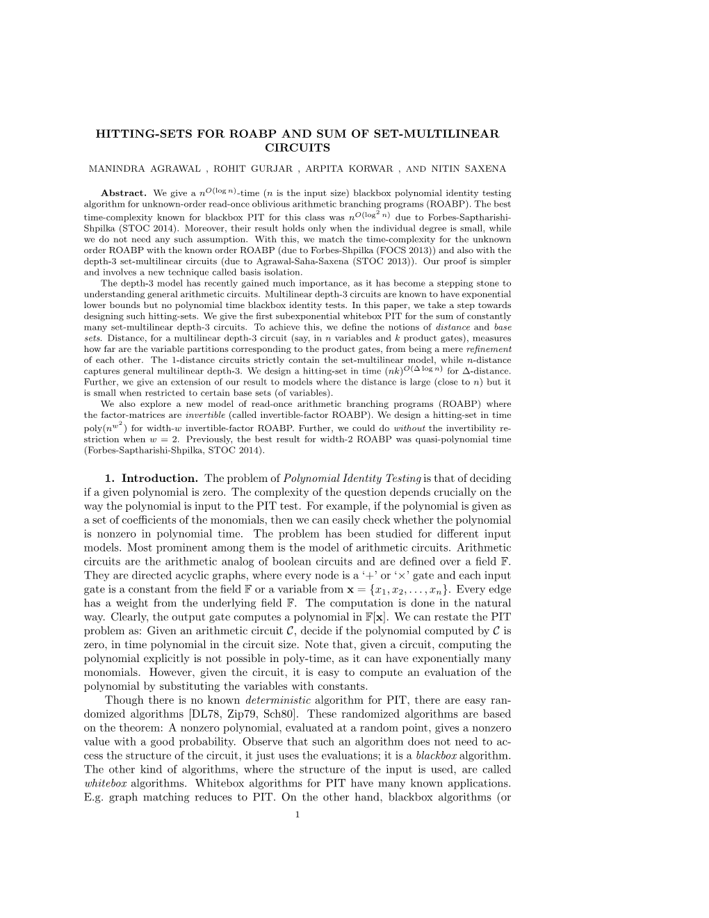 Hitting-Sets for Roabp and Sum of Set-Multilinear Circuits