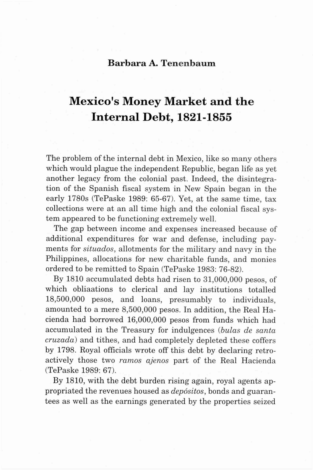 Mexico's Money Market and the Internal Debt, 1821-1855