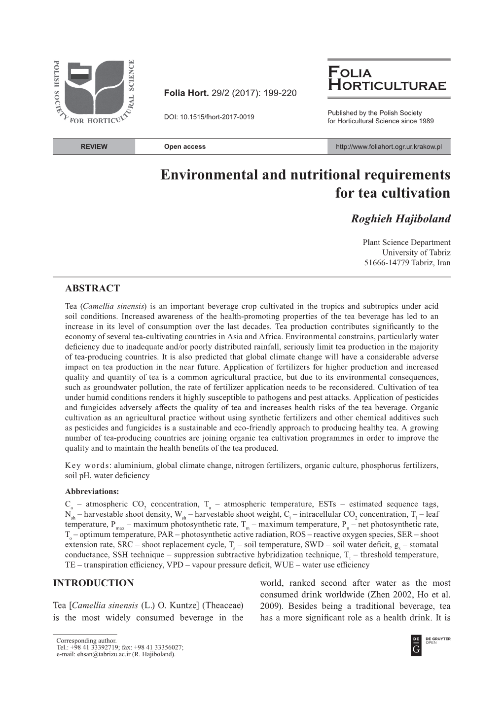 Environmental and Nutritional Requirements for Tea Cultivation Roghieh Hajiboland