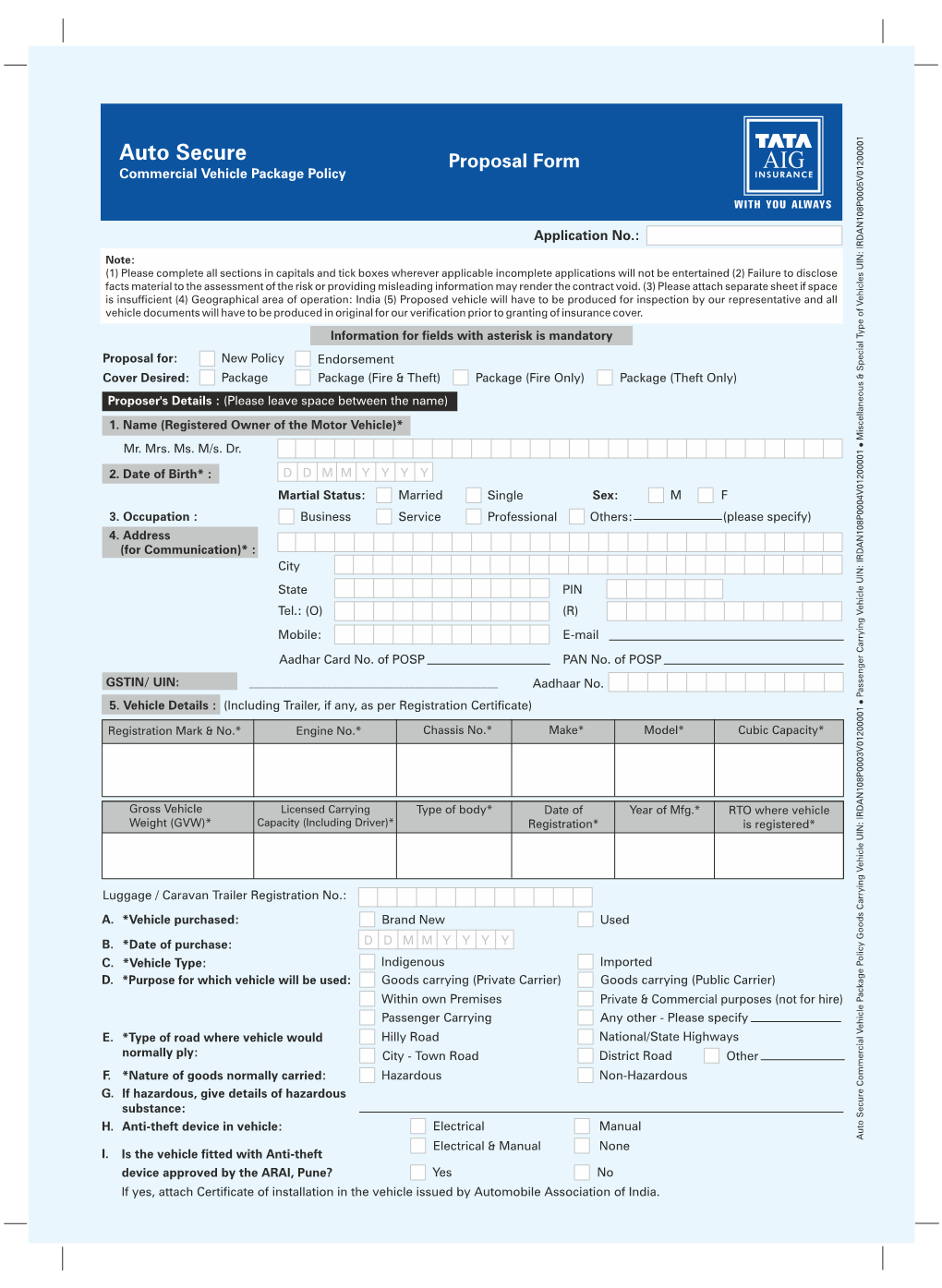 Auto Secure Commercial Vehicle Package Policy Proposal Form.Cdr