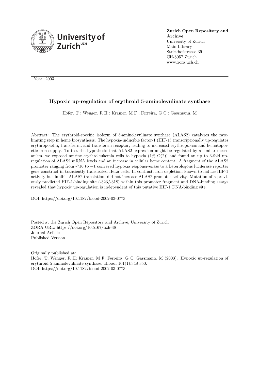 Hypoxic Up-Regulation of Erythroid 5-Aminolevulinate Synthase