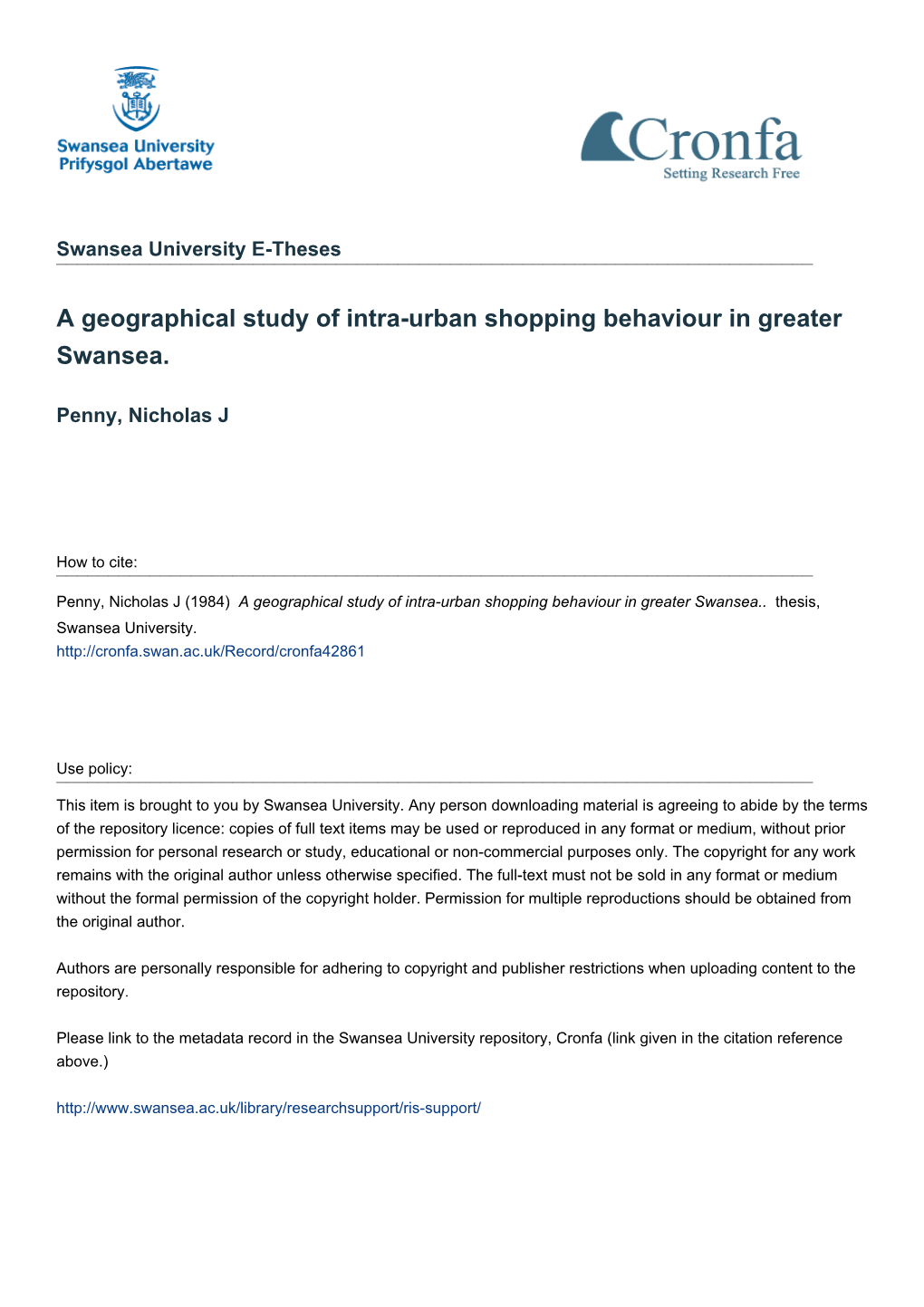 A Geographical Study of Intra-Urban Shopping Behaviour in Greater Swansea