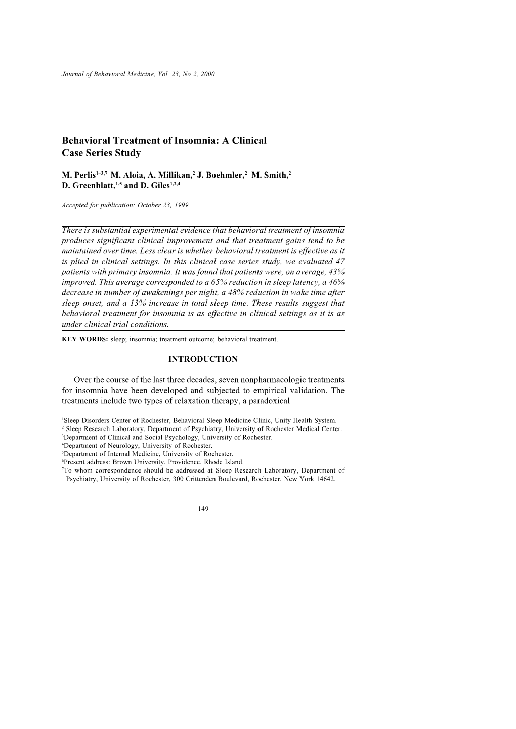 Behavioral Treatment of Insomnia: a Clinical Case Series Study, 1999