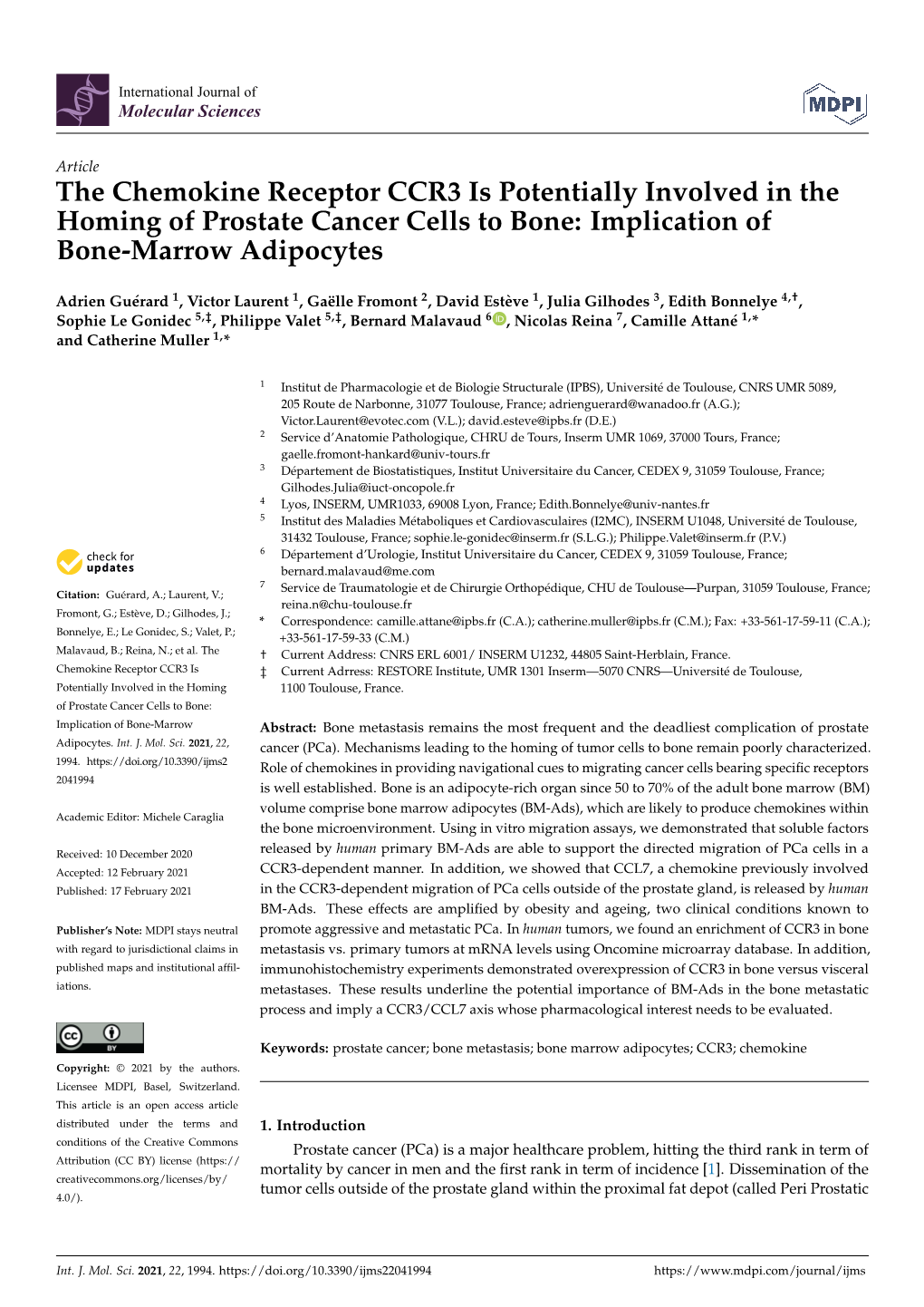 The Chemokine Receptor CCR3 Is Potentially Involved in the Homing of Prostate Cancer Cells to Bone: Implication of Bone-Marrow Adipocytes