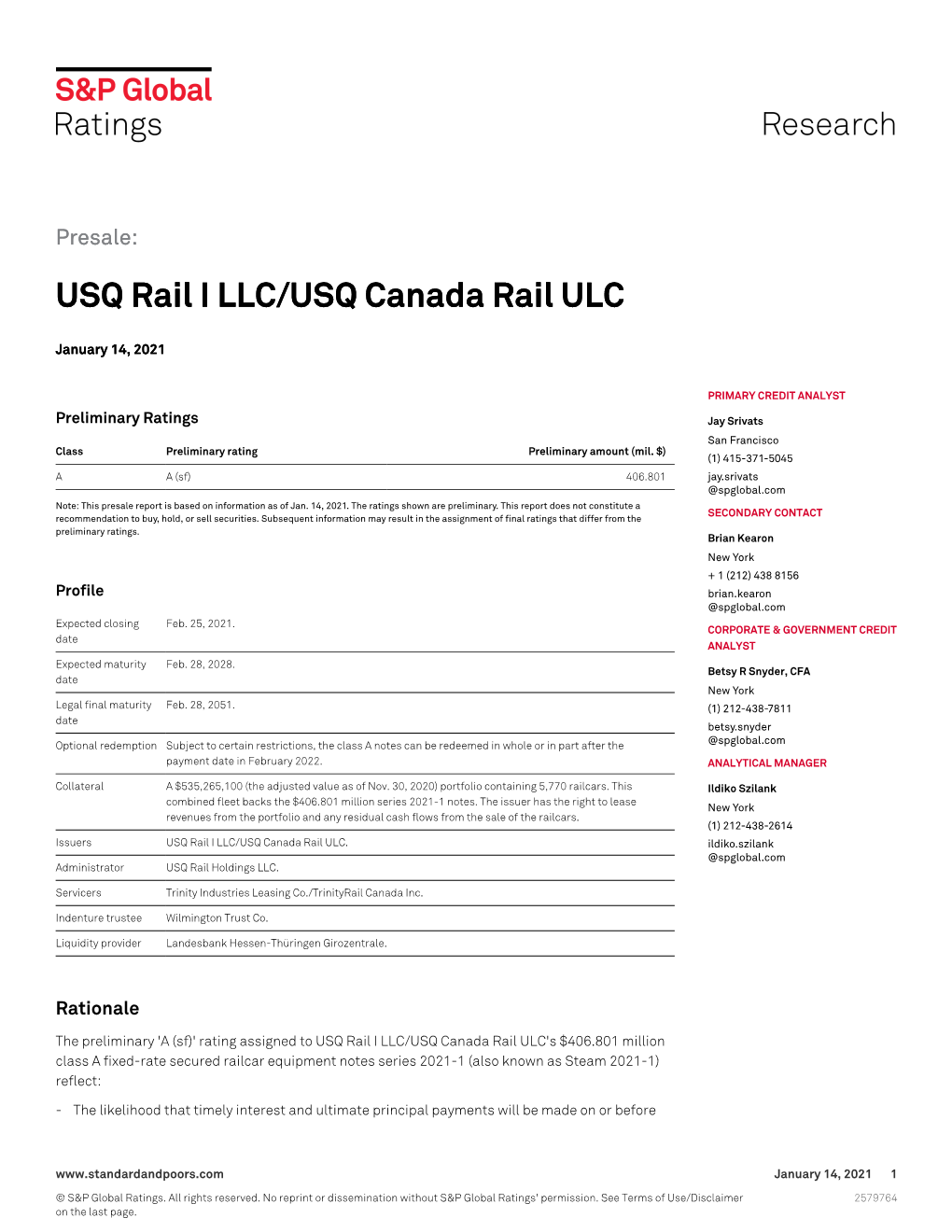 USQ Rail I LLC/USQ Canada Rail ULC