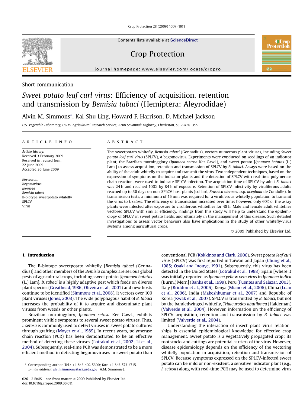 Sweet Potato Leaf Curl Virus: Efﬁciency of Acquisition, Retention and Transmission by Bemisia Tabaci (Hemiptera: Aleyrodidae)