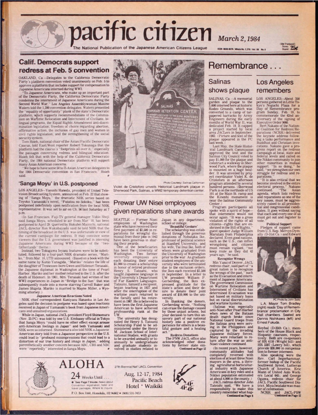 Pacl Lc Cltlzell March 2, 1984 (Sot Postpaid) News 9T:D the National Publication of the Japanese American Citizens League ISS~ : 0030-457'11 ~ Mol, No