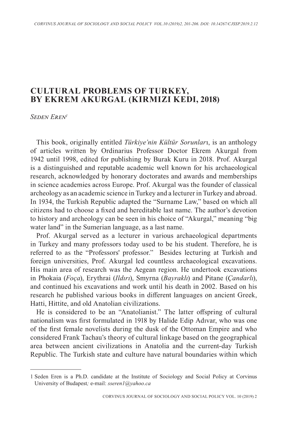 Cultural Problems of Turkey, by Ekrem Akurgal (Kirmizi Kedi, 2018)