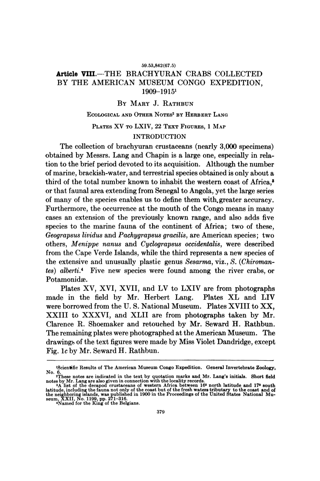 Article VIII.- the BRACHYURAN CRABS COLLECTED by the AMERICAN MUSEUM CONGO EXPEDITION, 1909-19151 by MARY J