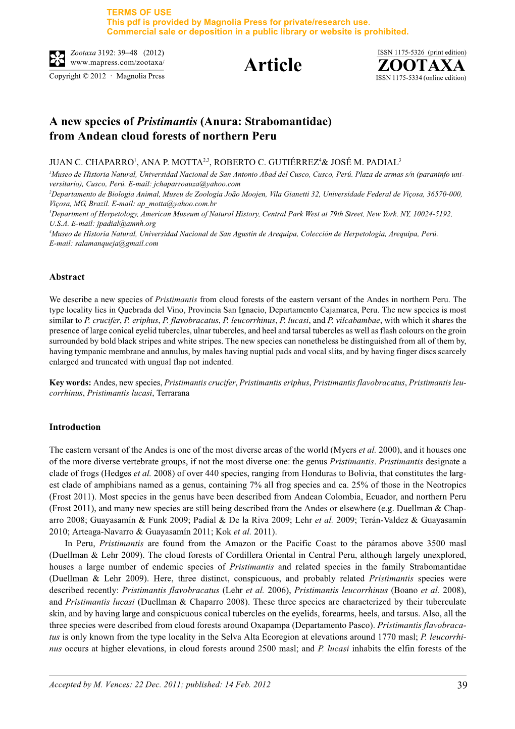 A New Species of Pristimantis (Anura: Strabomantidae) from Andean Cloud Forests of Northern Peru