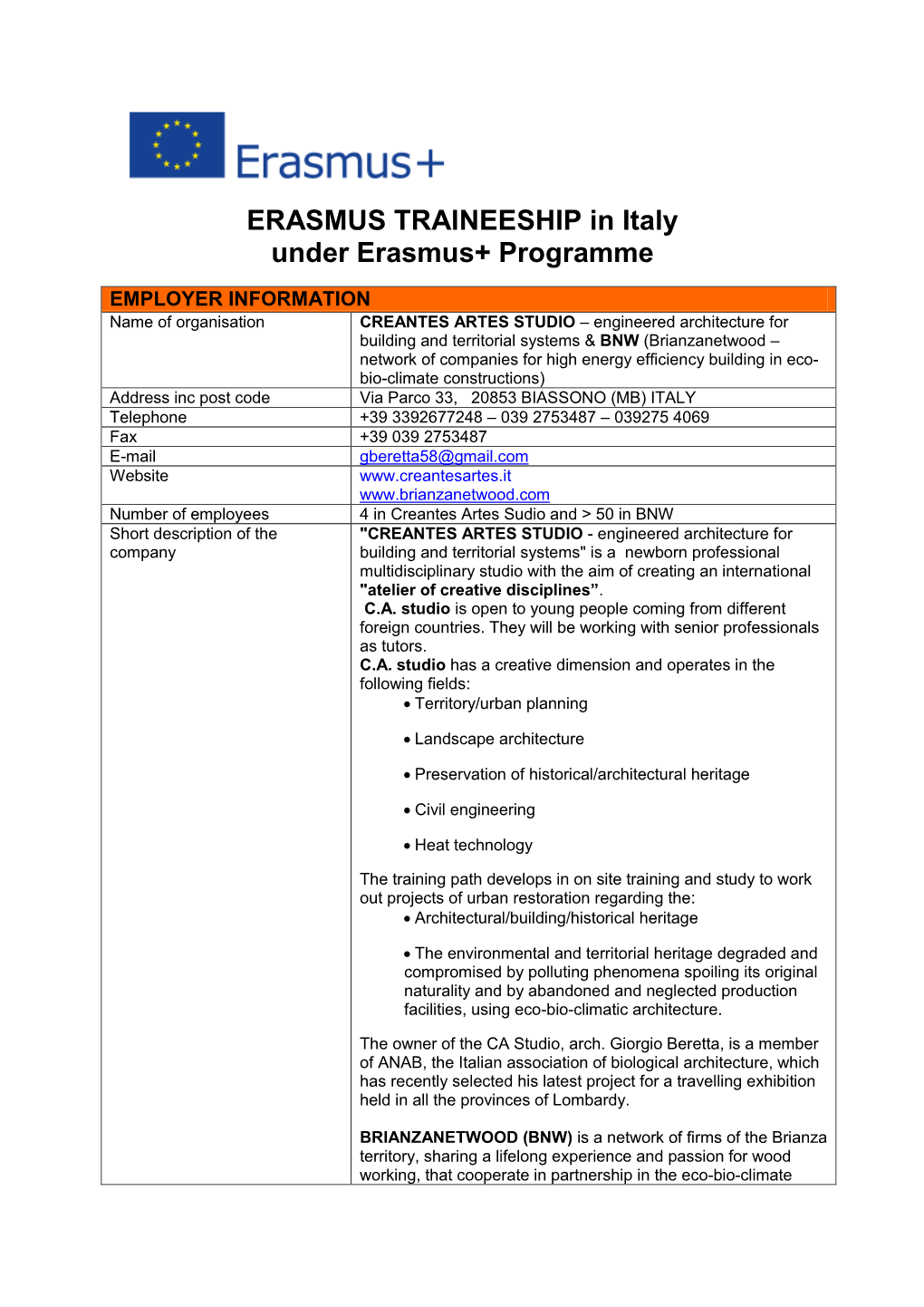 ERASMUS TRAINEESHIP in Italy Under Erasmus+ Programme