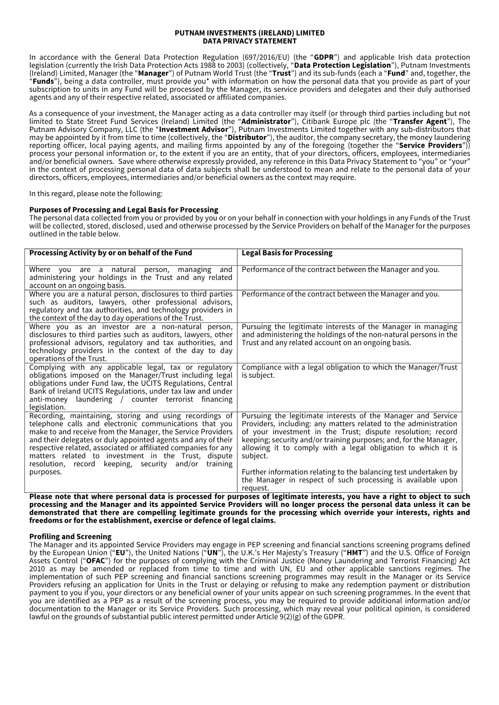 Putnam Investments (Ireland) Limited Data Privacy Statement