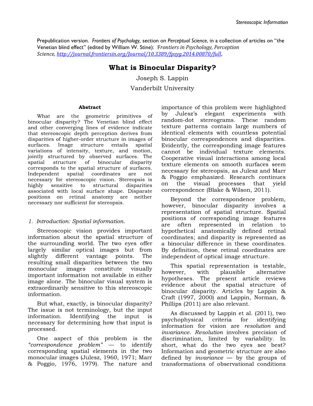 What Is Binocular Disparity? Joseph S