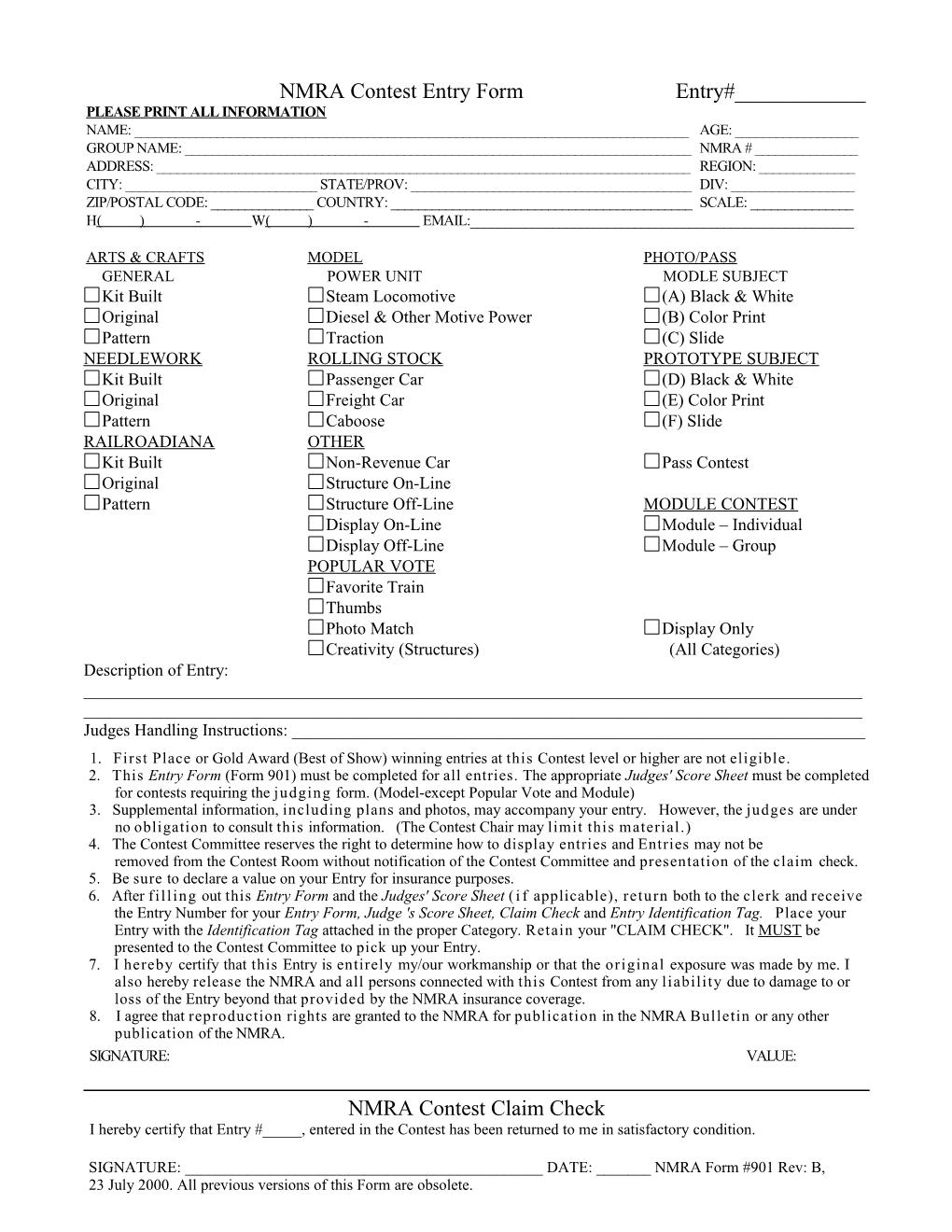 NMRA Contest Entry Form Entry#______