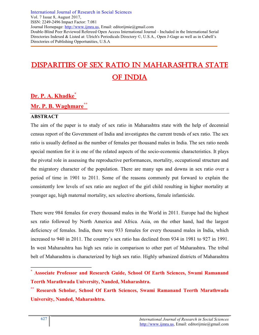 Disparities of Sex Ratio in Maharashtra State of India