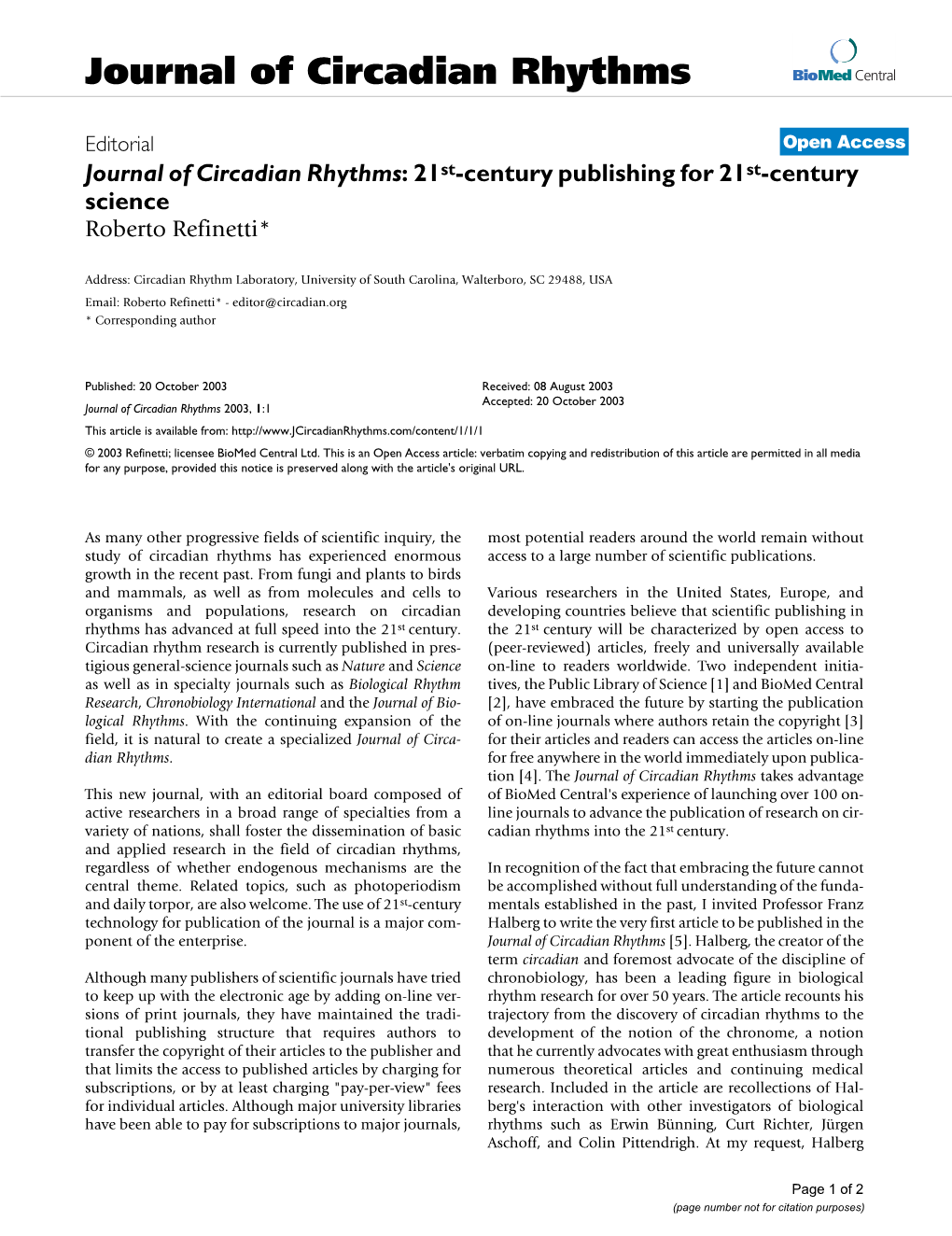 Journal of Circadian Rhythms Biomed Central