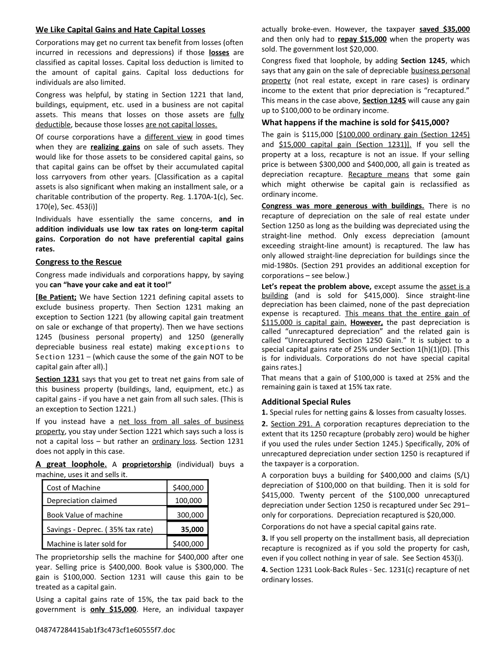 Depreciation Recapture Summary