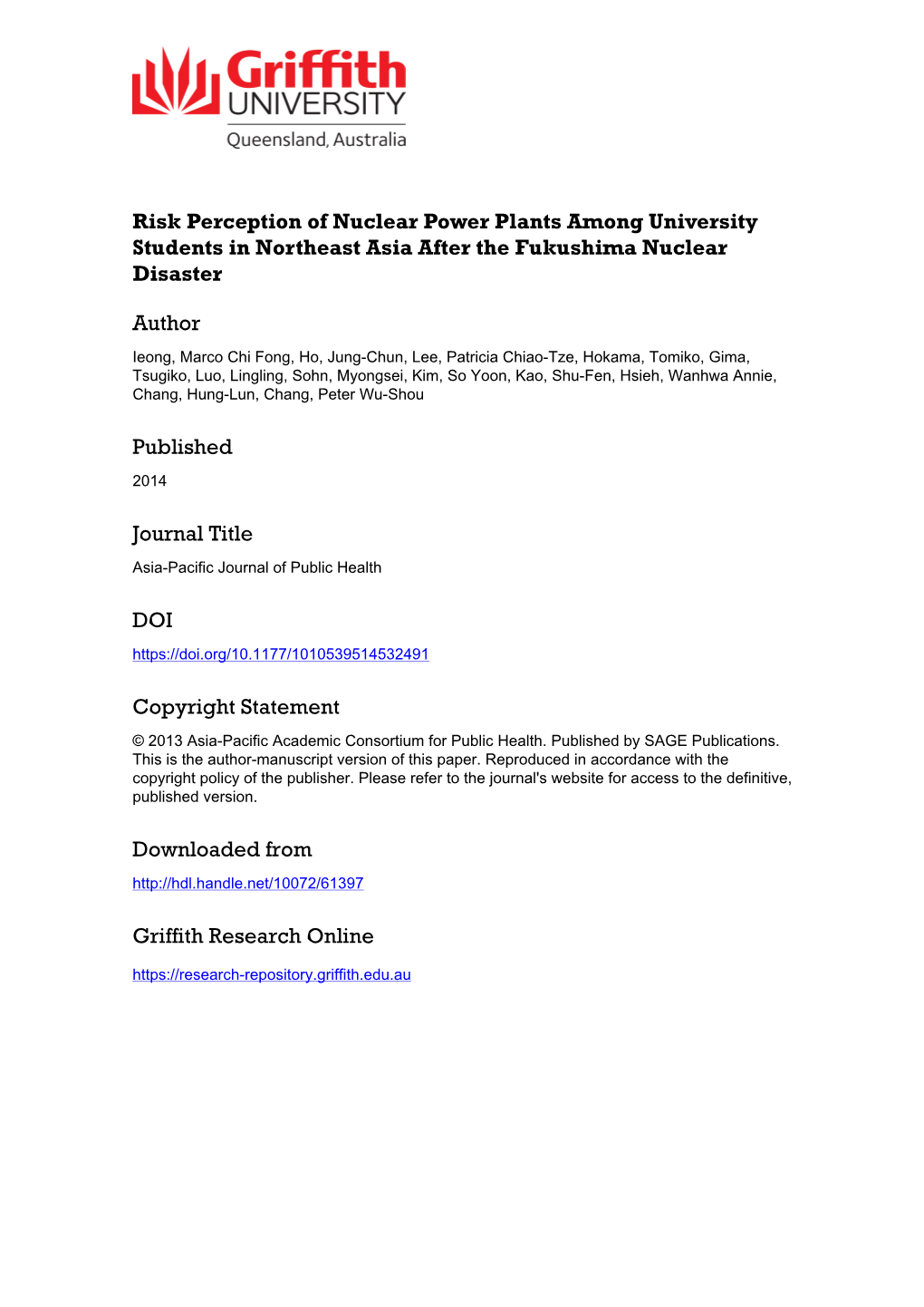 Risk Perception of Nuclear Power Plants Among University Students in Northeast Asia After the Fukushima Nuclear Disaster