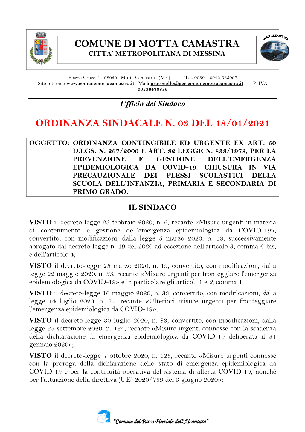 Ordinanza Sindacale N. 03 Del 18/01/2021 Comune Di Motta