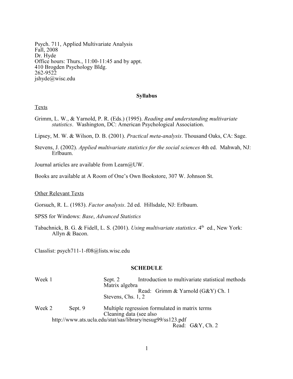 Psych. 711, Applied Multivariate Analysis