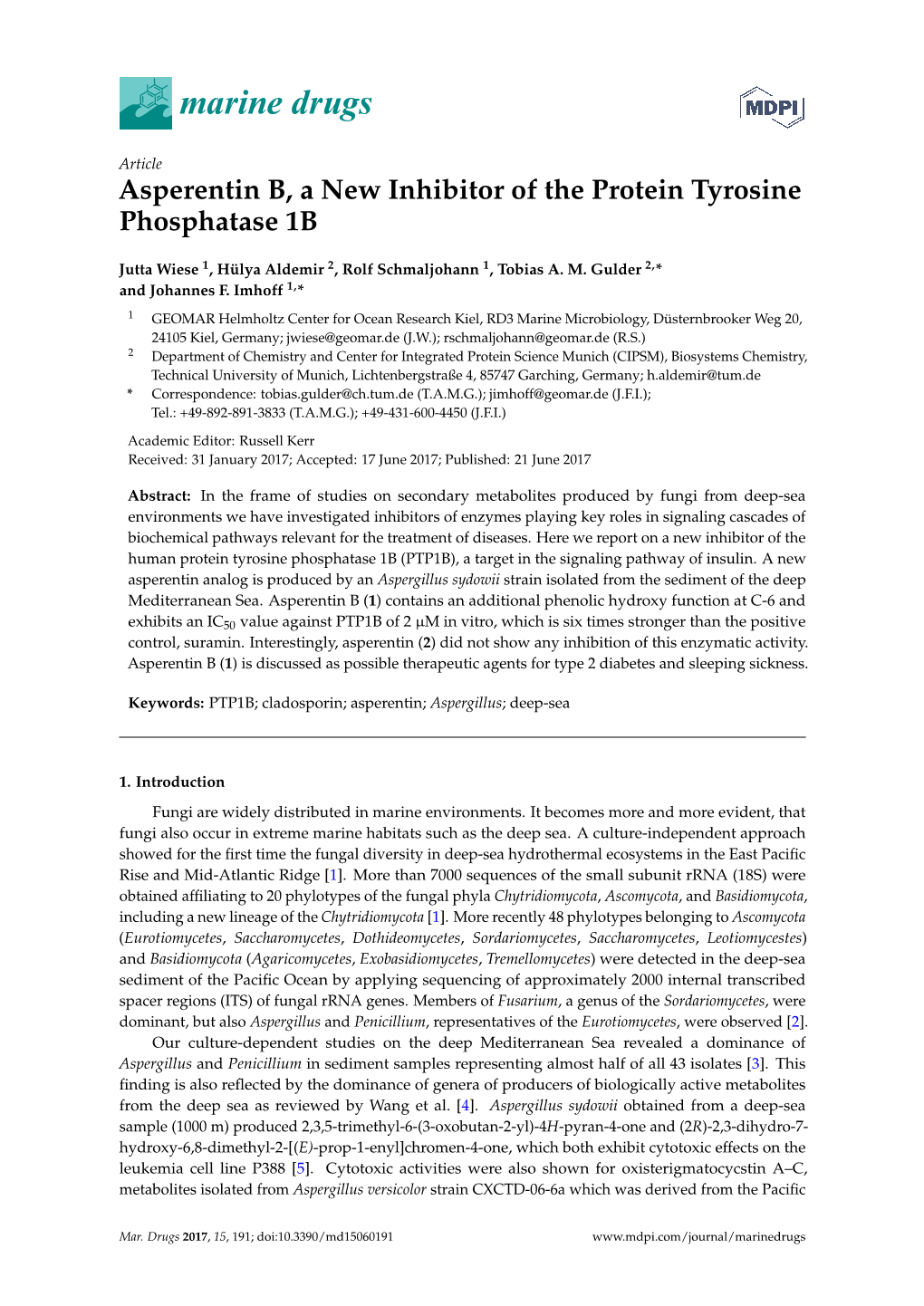 Asperentin B, a New Inhibitor of the Protein Tyrosine Phosphatase 1B