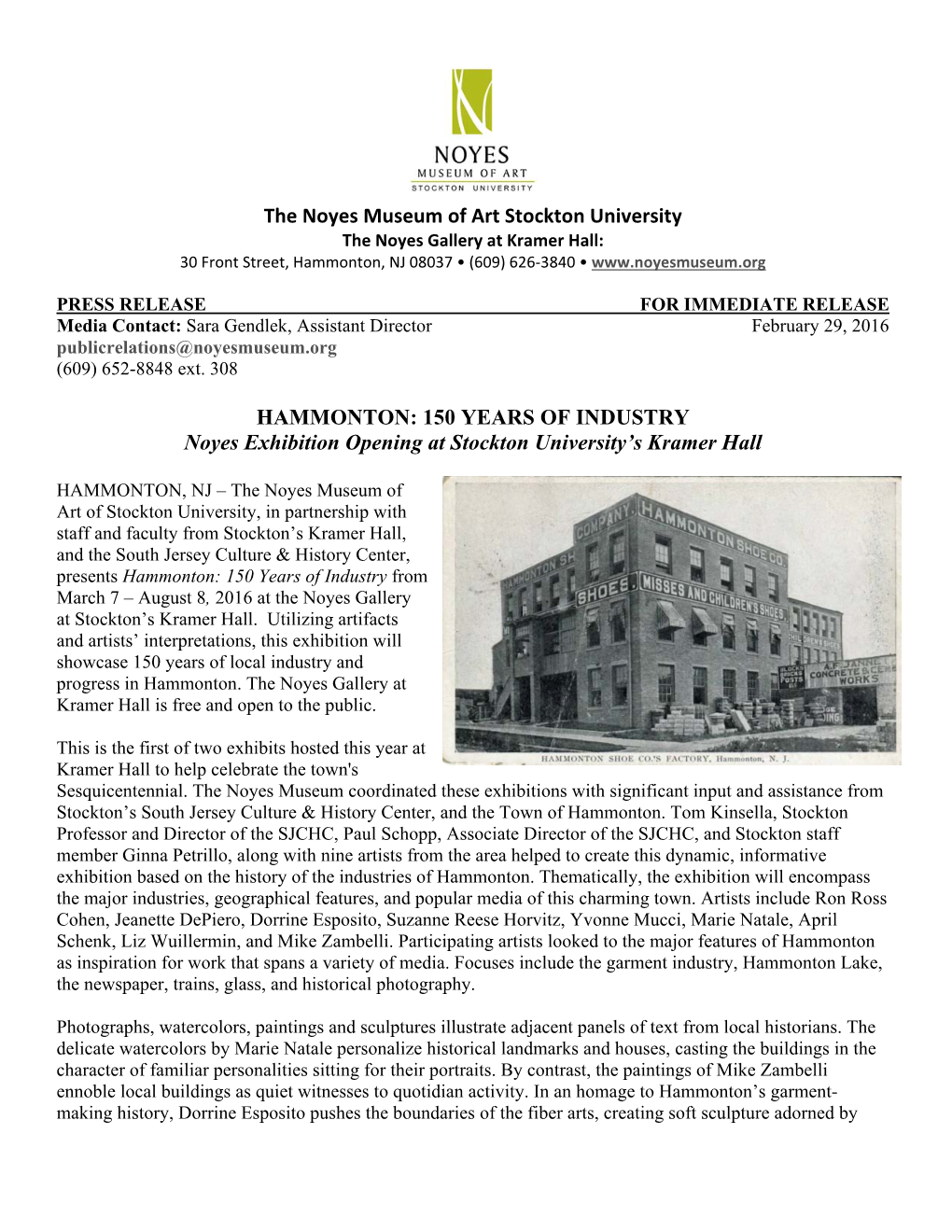 HAMMONTON: 150 YEARS of INDUSTRY Noyes Exhibition Opening at Stockton University’S Kramer Hall