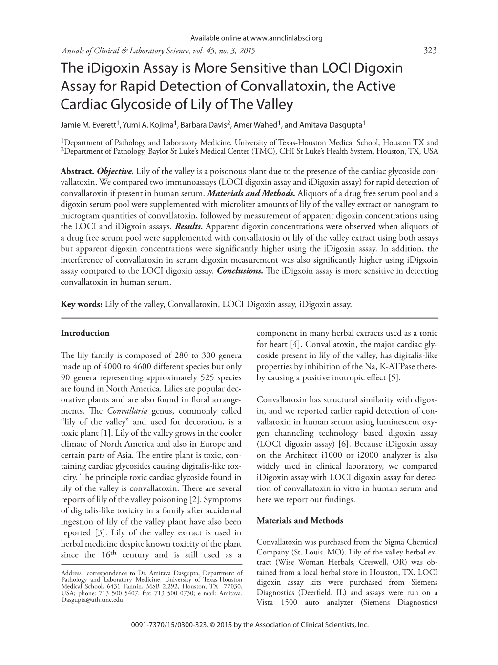 The Idigoxin Assay Is More Sensitive Than LOCI Digoxin Assay for Rapid Detection of Convallatoxin, the Active Cardiac Glycoside of Lily of the Valley