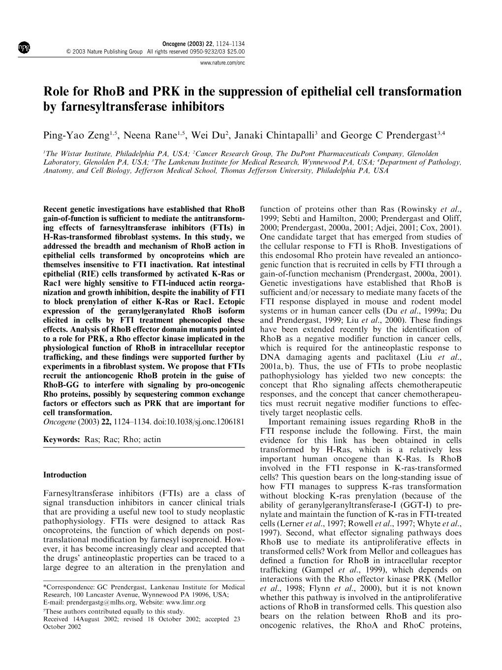 Role for Rhob and PRK in the Suppression of Epithelial Cell Transformation by Farnesyltransferase Inhibitors