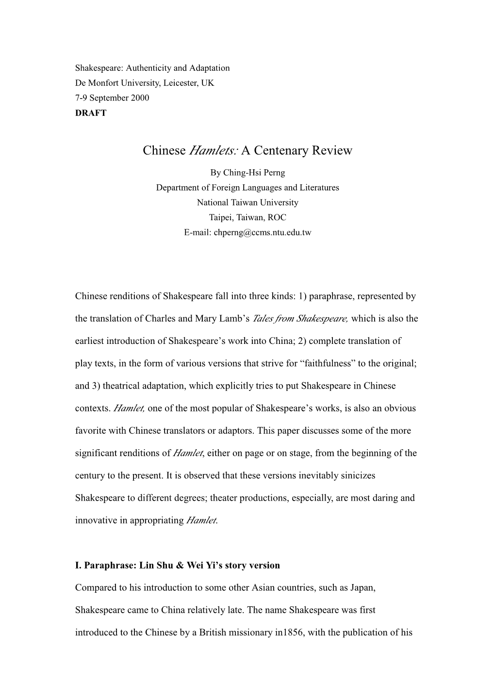 Chinese Hamlets: a Centenary Review